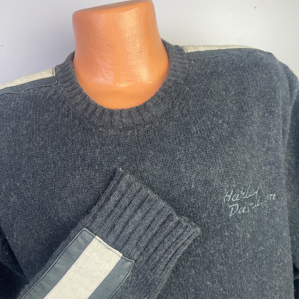 Harley Davidson Sweater Mens XL Gray Cotton Wool Leather Trim 96425-06VM Vintage
